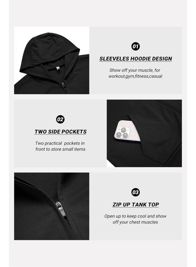 COOFANDY Men's Workout Hooded Tank Tops 2 Pack Zip Up Sleeveless Gym Shirts Muscle Cut Off T Shirt Bodybuilding Hoodies, Black(1pcs), L - Image 5