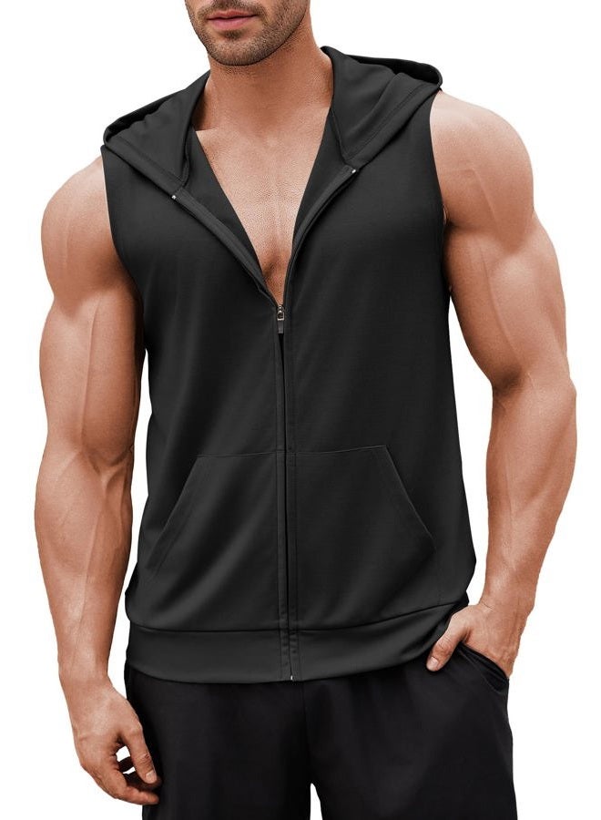 COOFANDY Men's Workout Hooded Tank Tops 2 Pack Zip Up Sleeveless Gym Shirts Muscle Cut Off T Shirt Bodybuilding Hoodies, Black(1pcs), L - Image 1