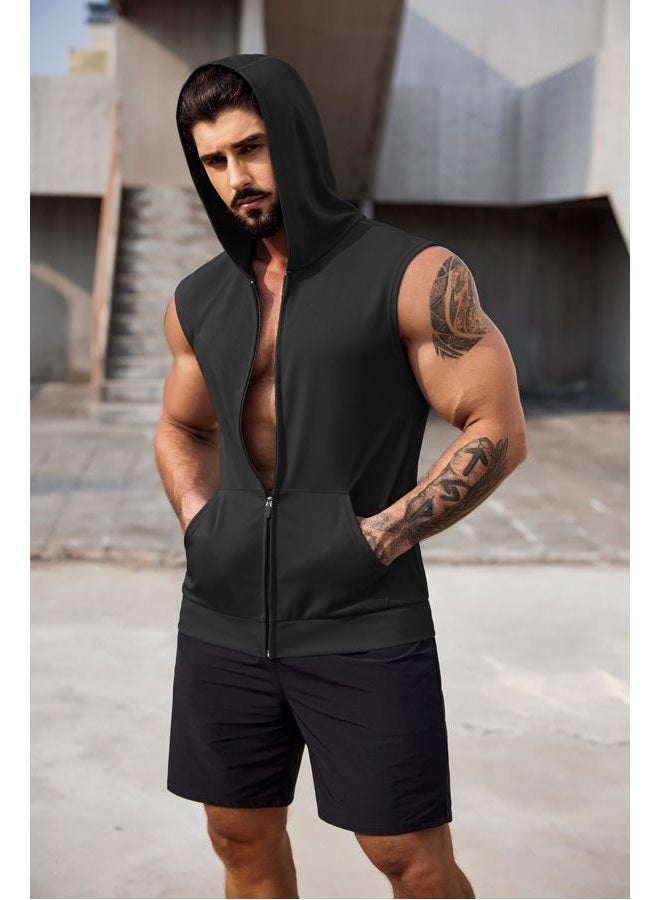 COOFANDY Men's Workout Hooded Tank Tops 2 Pack Zip Up Sleeveless Gym Shirts Muscle Cut Off T Shirt Bodybuilding Hoodies, Black(1pcs), L - Image 2
