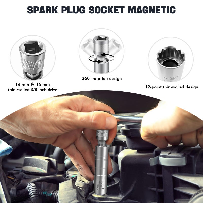 FLATRI 14mm&16mm Spark Plug Socket, 5/8 Spark Plug Socket Swivel for Maximum Flexibility, Thin Wall 12 Point Spark Plug Socket Set with Magnetic Design for Most Car Models - Image 4