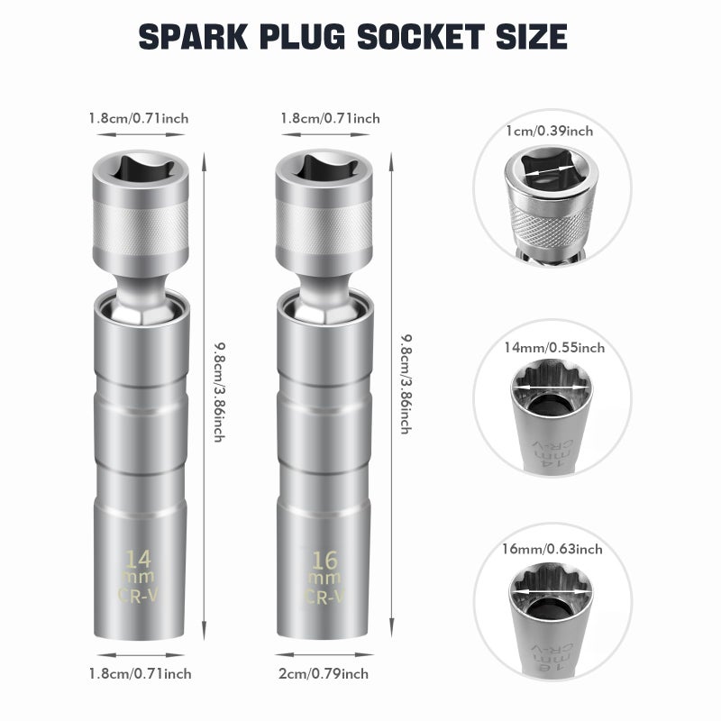 FLATRI 14mm&16mm Spark Plug Socket, 5/8 Spark Plug Socket Swivel for Maximum Flexibility, Thin Wall 12 Point Spark Plug Socket Set with Magnetic Design for Most Car Models - Image 2