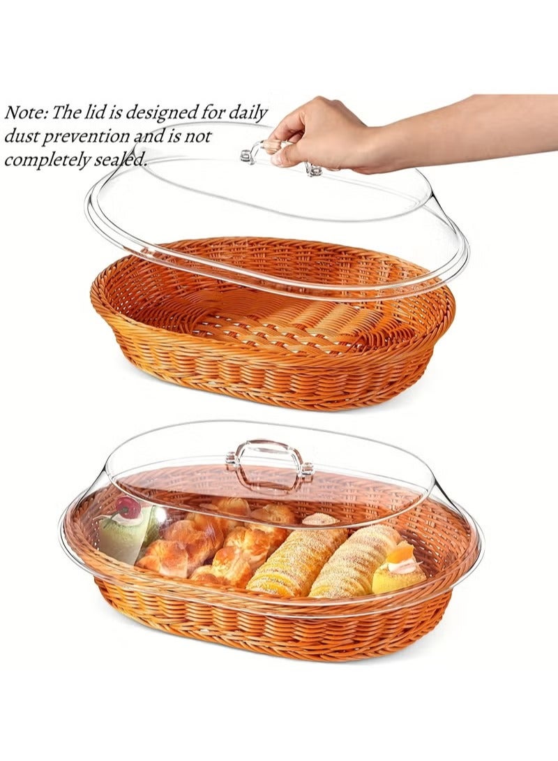 SILADEFU Wicker Bread Basket with Clear Acrylic Lid Durable Washable Food Tray for Desserts Fruits Kitchen Picnic Home Use Everyday Serving - Image 4
