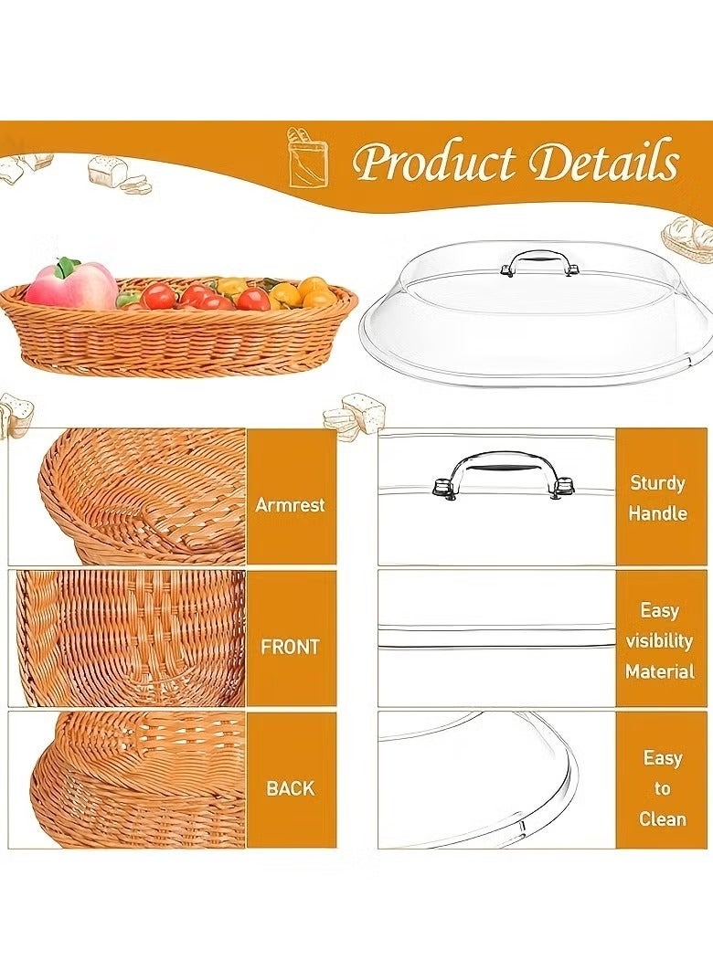 SILADEFU Wicker Bread Basket with Clear Acrylic Lid Durable Washable Food Tray for Desserts Fruits Kitchen Picnic Home Use Everyday Serving - Image 2