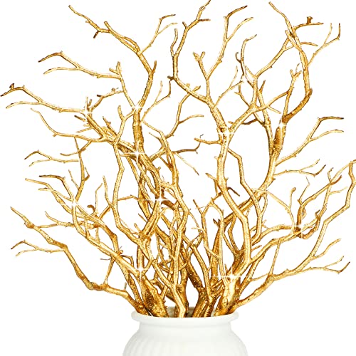 Geosar 13.8 Inch Small Manzanita Branches Plastic Faux Branches Artificial Antler Shaped Tree Branch Decorative Plant Twigs for Home Wedding Table Centerpiece Festival Decors(Glitter Gold,10 Pieces) - Image 1