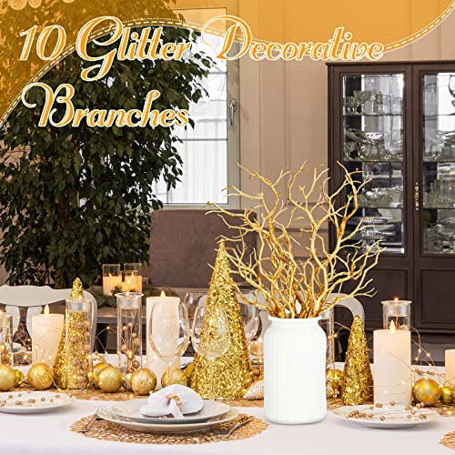 Geosar 13.8 Inch Small Manzanita Branches Plastic Faux Branches Artificial Antler Shaped Tree Branch Decorative Plant Twigs for Home Wedding Table Centerpiece Festival Decors(Glitter Gold,10 Pieces) - Image 3