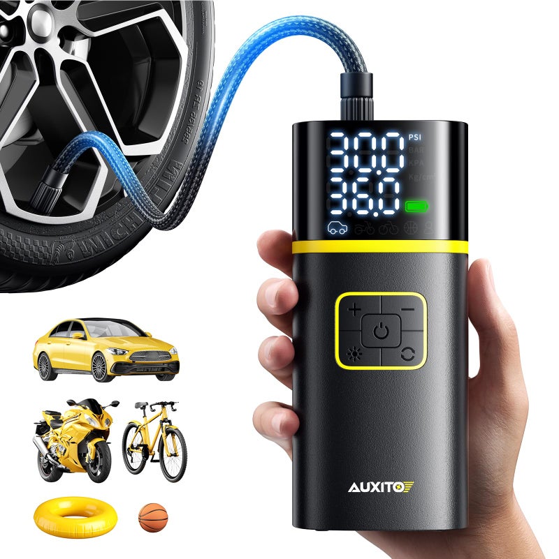 مضخة هواء محمولة AUXITO لضغط الإطارات 150 PSI تضخيم سريع في 1 دقيقة لإطارات السيارات مع مقياس ضغط الإطارات ومصباح LED ومضخات إطارات محمولة للسيارات والسيدان والدراجات النارية والدراجات والكرات