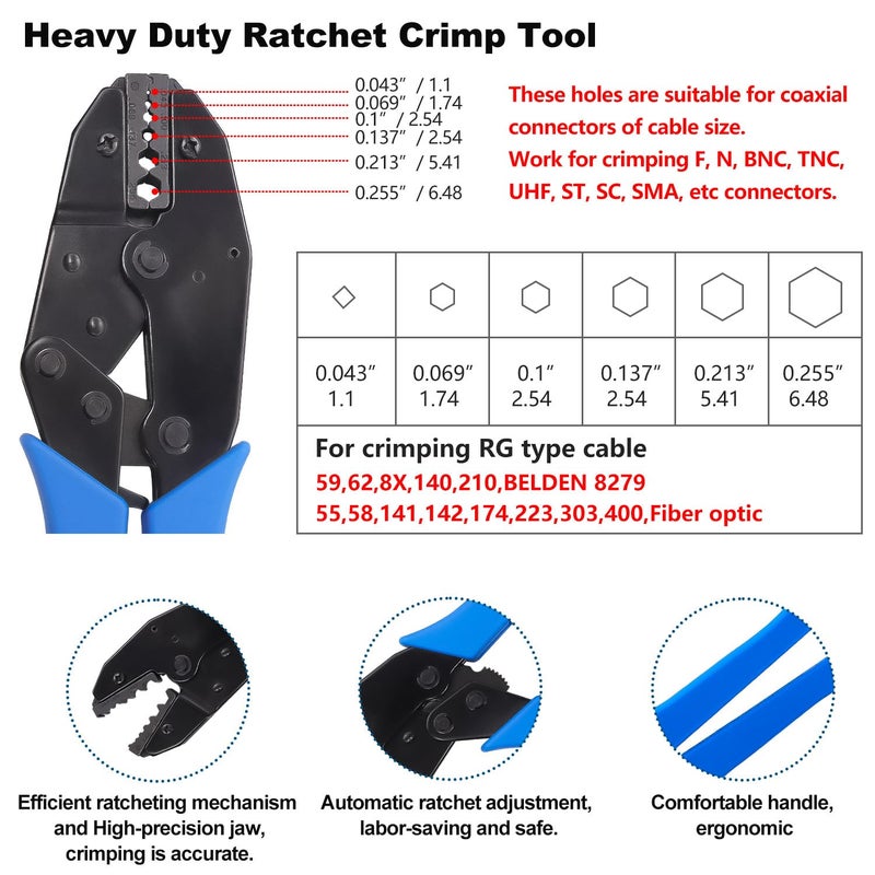 mxuteuk Coaxial Cable Tool Kit,BNC Crimp Tool with 8PCS BNC/UHF Crimp Male Connectors 1PCS Coaxial Cable Stripper 1PCS Wire Cutter for RG58, RG59, RG62, RG174 - Image 2