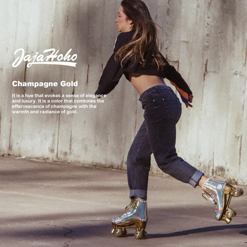 JajaHoho Roller Skates for Women, Holographic High Top PU Leather Rollerskates, Shiny Double-Row Four Wheels Quad Skates for Girls and Age 8-50 Indoor Outdoor (Size 8, Champagne Gold) - Image 2