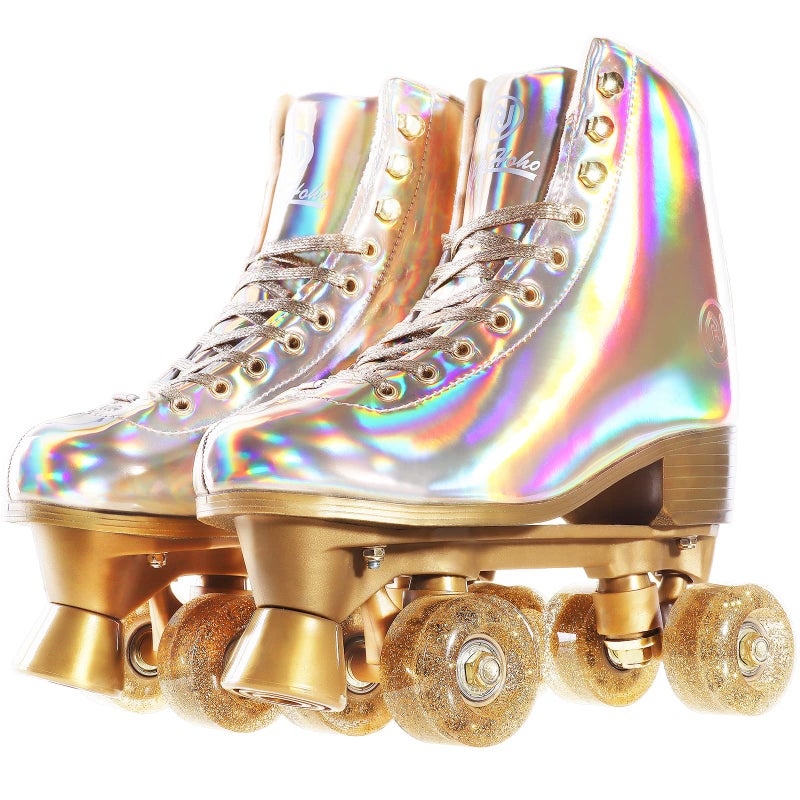 JajaHoho Roller Skates for Women, Holographic High Top PU Leather Rollerskates, Shiny Double-Row Four Wheels Quad Skates for Girls and Age 8-50 Indoor Outdoor (Size 8, Champagne Gold) - Image 1
