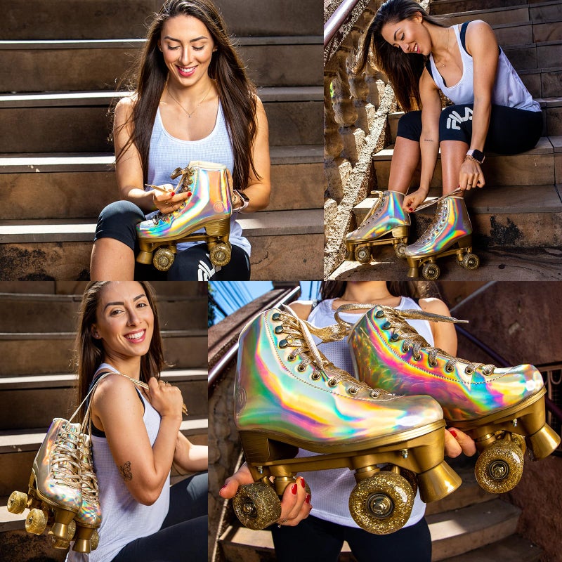 JajaHoho Roller Skates for Women, Holographic High Top PU Leather Rollerskates, Shiny Double-Row Four Wheels Quad Skates for Girls and Age 8-50 Indoor Outdoor (Size 8, Champagne Gold) - Image 3
