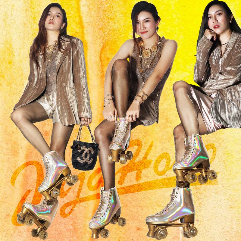 JajaHoho Roller Skates for Women, Holographic High Top PU Leather Rollerskates, Shiny Double-Row Four Wheels Quad Skates for Girls and Age 8-50 Indoor Outdoor (Size 8, Champagne Gold) - Image 4