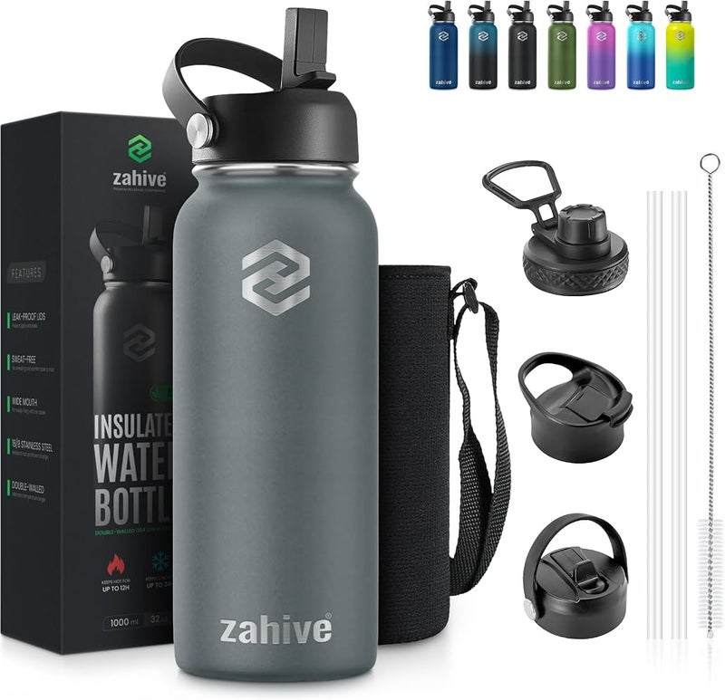 زاهايف 1 Zahive زجاجة ماء معزولة 1 لتر مع 3 أغطية وحقيبة - زجاجة ماء من الفولاذ المقاوم للصدأ مع شفاطة - ترمس 1000 مل مزدوج الجدران للجيم والسفر والمشروبات الساخنة والباردة - مانع للتسرب (1 لتر، رمادي بارد) - Image 1