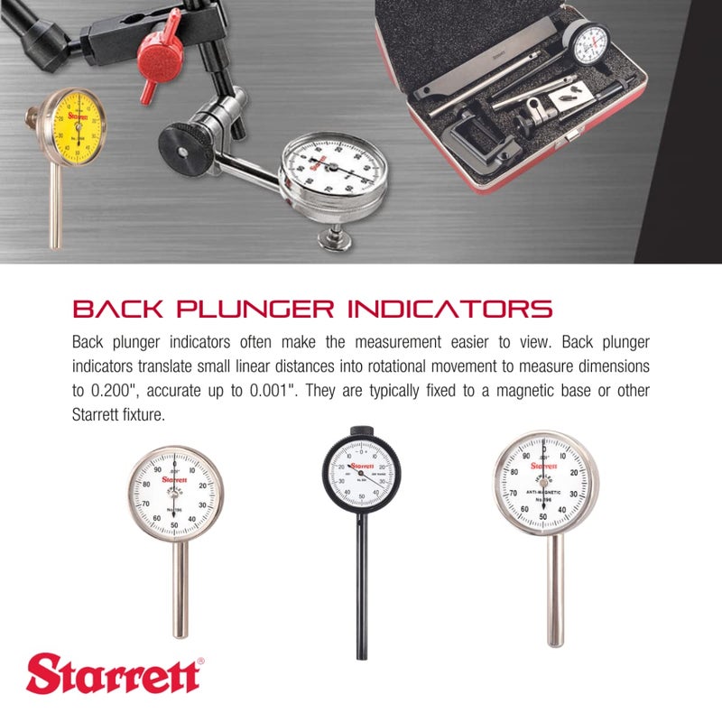 Starrett مجموعة مؤشر اختبار دial العالمي من ستاريت مع مكبس خلفي للاستخدام الكامل - وجه أبيض، قراءة 0-50-0، نطاق .200"، تدرج 0.001"، قطر عمود 1/4" للتثبيت - 196A5Z - Image 3