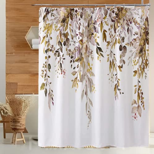 Nuseiis Brown Eucalyptus Leaves Shower Curtains 72x72 Inch, Waterproof Fabric Stylish Botanical Bathroom Shower Curtain with Hooks - Image 2
