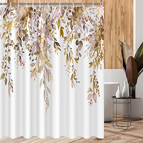 Nuseiis Brown Eucalyptus Leaves Shower Curtains 72x72 Inch, Waterproof Fabric Stylish Botanical Bathroom Shower Curtain with Hooks - Image 1