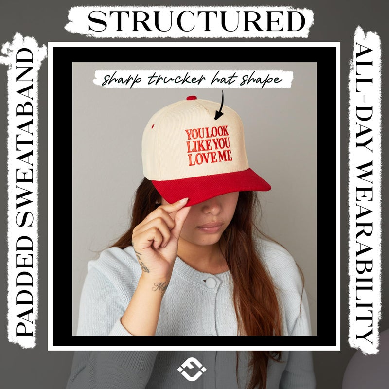 Funky Junque Two Tone Vintage Corduroy Snapback Hat - You Look Like You Love Me - Red/Beige - Image 5