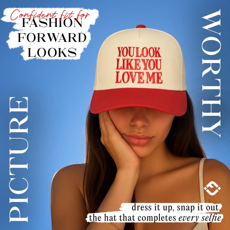 Funky Junque Two Tone Vintage Corduroy Snapback Hat - You Look Like You Love Me - Red/Beige - Image 4