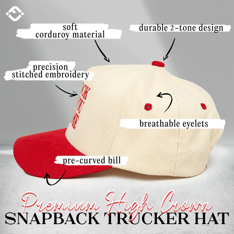 Funky Junque Two Tone Vintage Corduroy Snapback Hat - You Look Like You Love Me - Red/Beige - Image 3