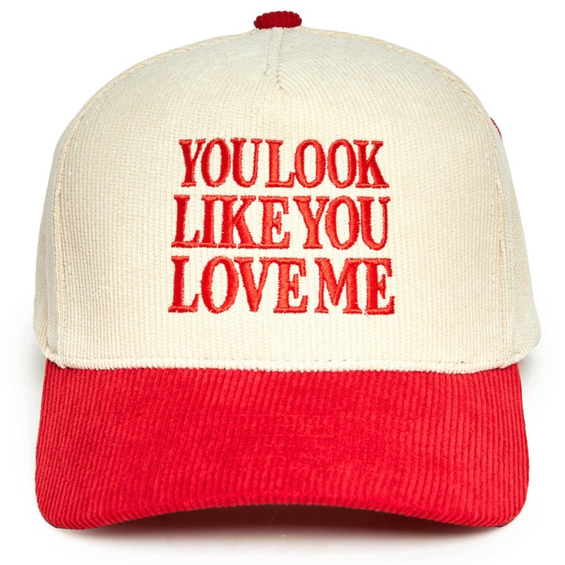 Funky Junque Two Tone Vintage Corduroy Snapback Hat - You Look Like You Love Me - Red/Beige - Image 1