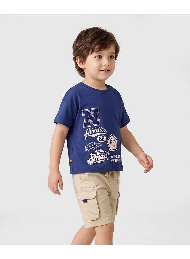 Bonfino Bonfino 100% Cotton Knit Drop Shoulder Half Sleeves Oversized T-Shirt & Cargo Shorts Set with Text Print - Navy Blue & Beige