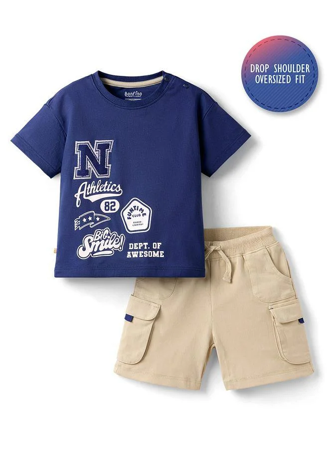 Bonfino Bonfino 100% Cotton Knit Drop Shoulder Half Sleeves Oversized T-Shirt & Cargo Shorts Set with Text Print - Navy Blue & Beige