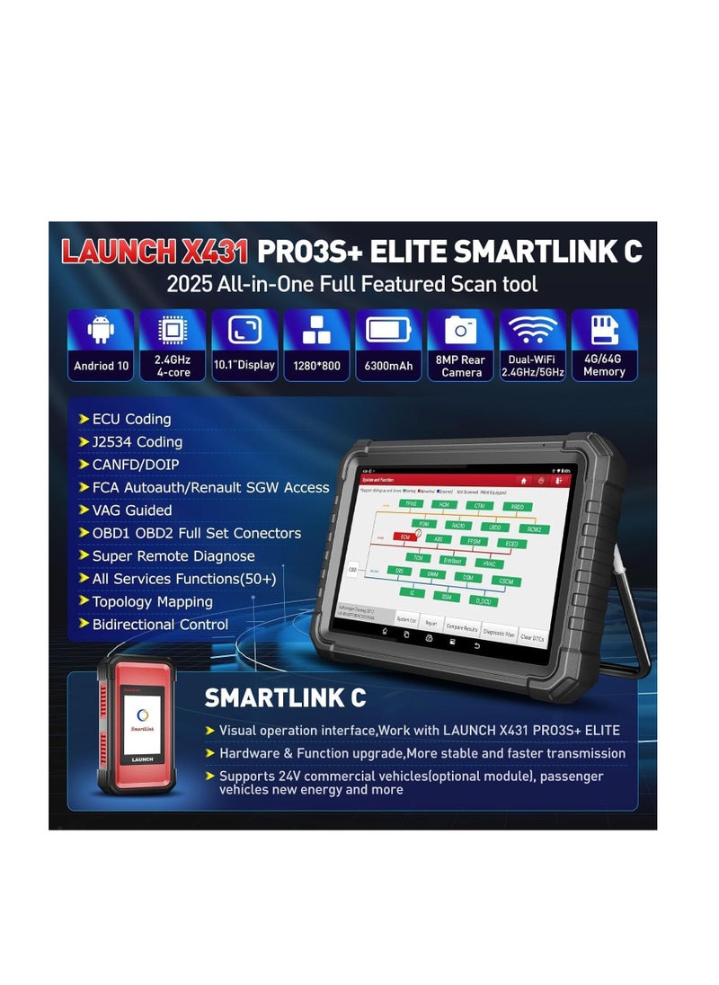Launch LAUNCH 2025 X431 PRO3S+ Elite SmartlinkC 2.0 Bi-Directional Diagnostic Scan Tool with J2534 Coding,Topology Map,HD Truck Scan,ECU Coding,CANFD &DOIP,FCA AutoAuth,60+Service,2 Years Free Update  - Image 2