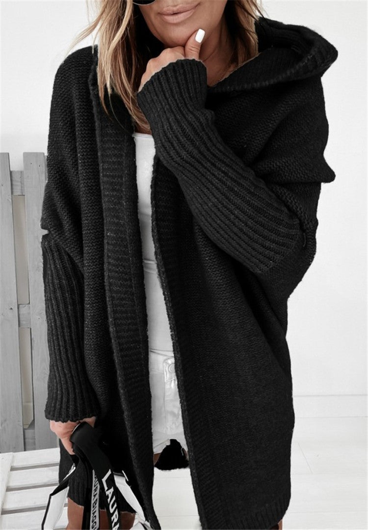 2024 New Knit Hoodie Soft Batwing Loose Sweater Black 