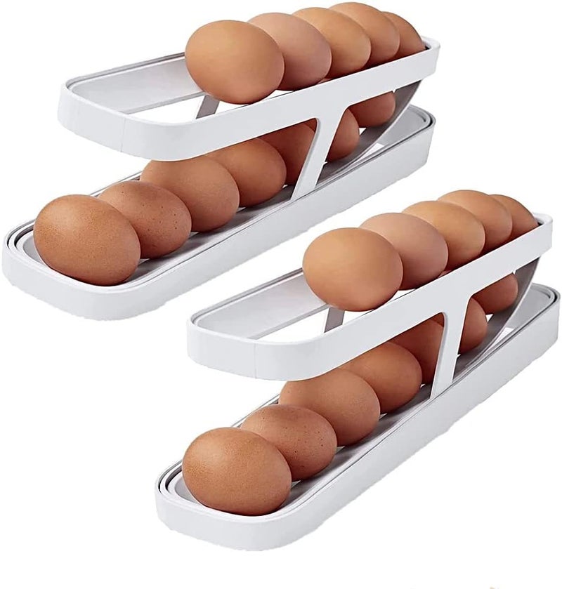 طقم منظم بيض أوتوماتيكي للثلاجة قطعتين - حامل بيض من طابقين يعمل بالجاذبية لتنظيم المطبخ - Image 1