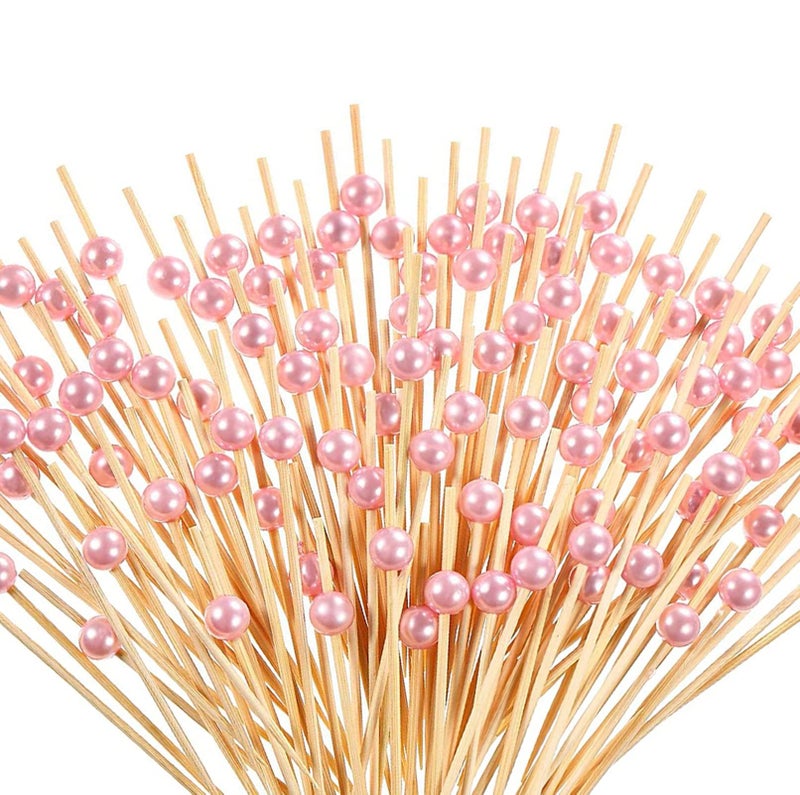 100 Pieces Bamboo Cocktail Picks BetterJonny Wooden Toothpicks pearl Fruit Sticks for Wedding Birthday Party Supplies pink beads