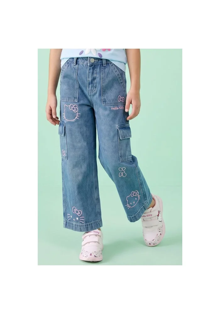 R&b Hello Kitty Embroidered Cargo Jeans with Button Closure