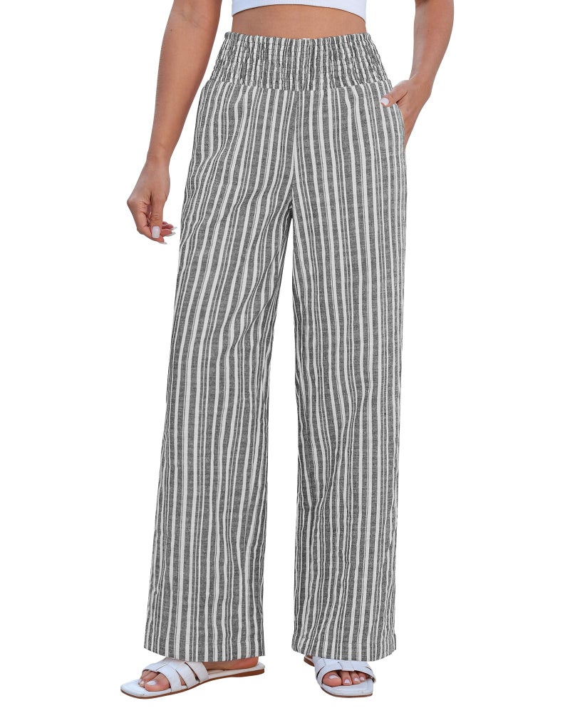 GRAPENT Linen Pants for Women Trendy Womens Comfy Pants Smocked High Waist Wide Leg Slacks Striped Palazzos for Beach Vacation Resort Color Black Size 16 to 18 - Image 1