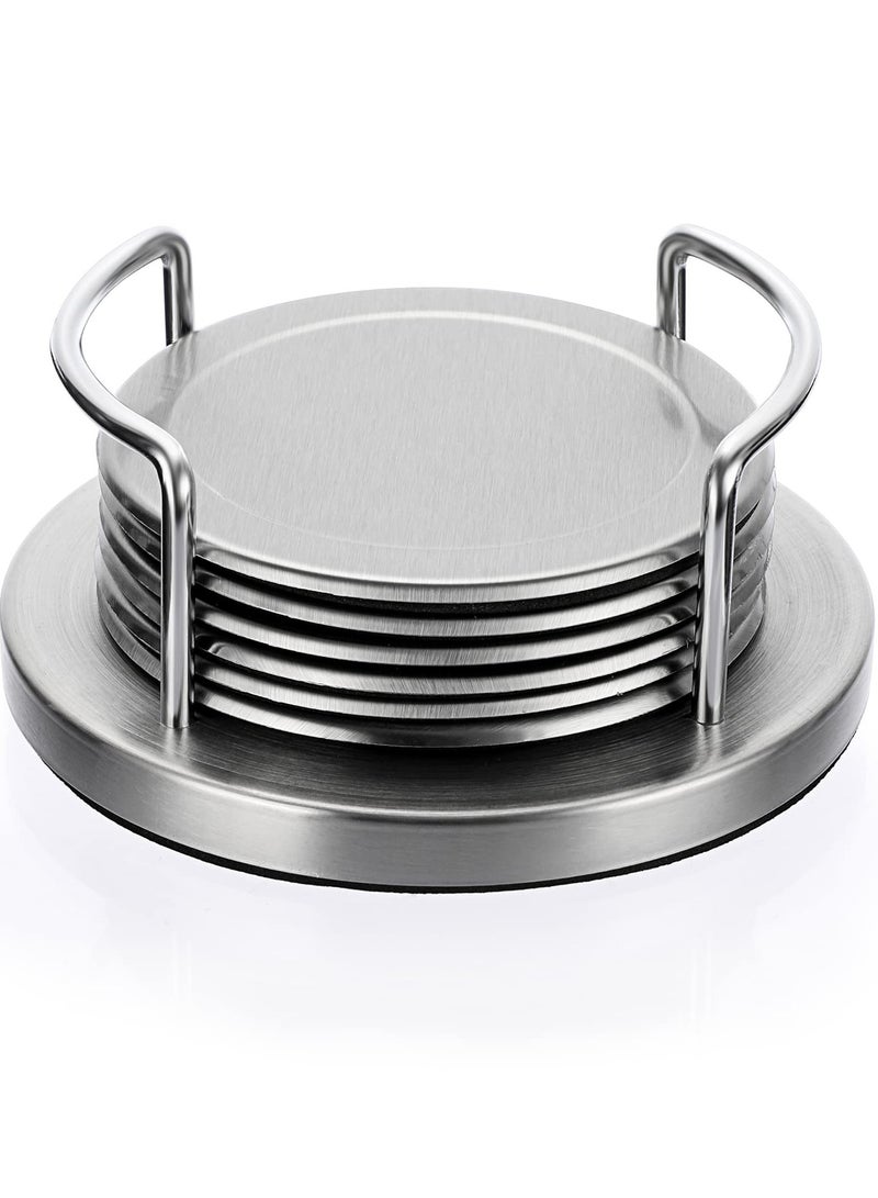 Excefore Stainless Steel Round Coasters with Holder And Sponge Bottom, Set Of 6 Silver Metal Cup Coasters Set Stunning Cool Coaster Cups Mats Decor For Restaurant Kitchen bar Dining Table - Image 1