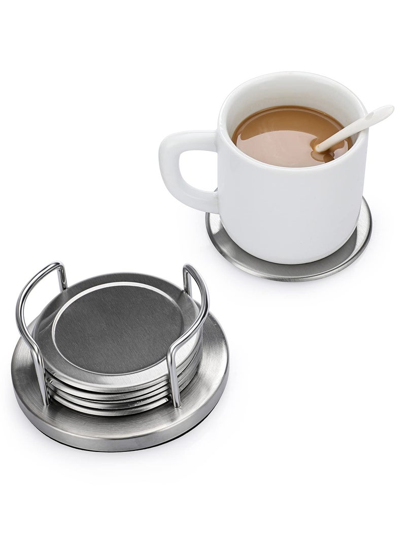 Excefore Stainless Steel Round Coasters with Holder And Sponge Bottom, Set Of 6 Silver Metal Cup Coasters Set Stunning Cool Coaster Cups Mats Decor For Restaurant Kitchen bar Dining Table - Image 3