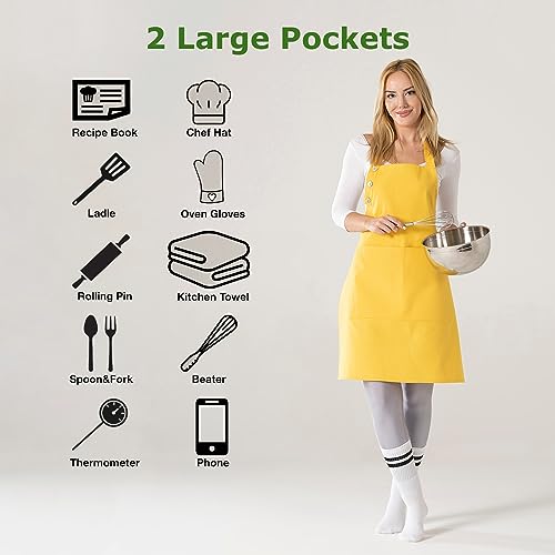 TOSHE Kitchen Apron Waterdrop Resistant Cotton Apron with adjustable Aprons for Women with Pockets 10 Color option Cooking Yellow Apron (Yellow) - Image 2