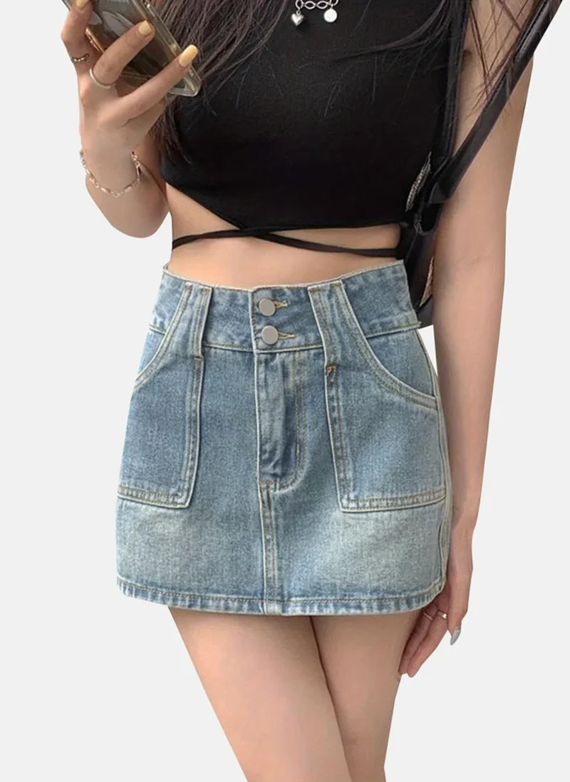 يونيكي Blue Solid Denim Mini Skirt