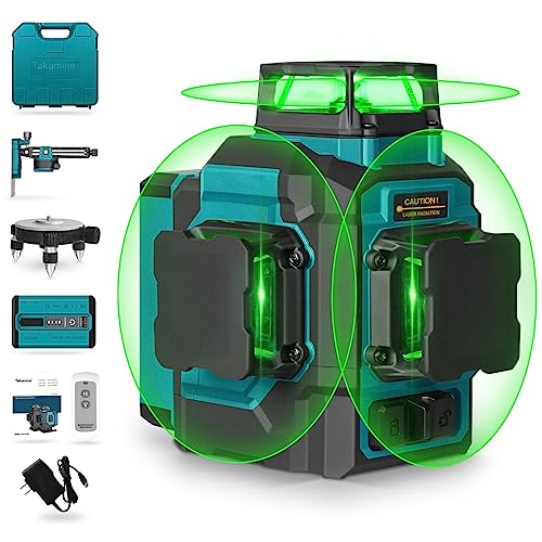 Takamine 3x360 12 Lines Self Leveling Green Laser Level 3D Cross Line for ConstructionPicture Hanging with Removable Liion Battery Remote Controller Magnetic Rotating Stand and Hard Case - Image 1