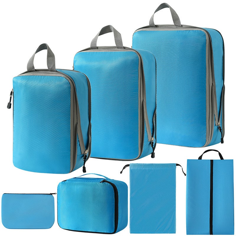 Travel Organizer Packing Cubes LuggageThree-piece set + shoe bag + bra bag + flat pocket + drawstring pocket (blue seven-piece set) Three-piece set + shoe bag + bra bag + flat pocket + drawstring pocket (blue seven-piece set)