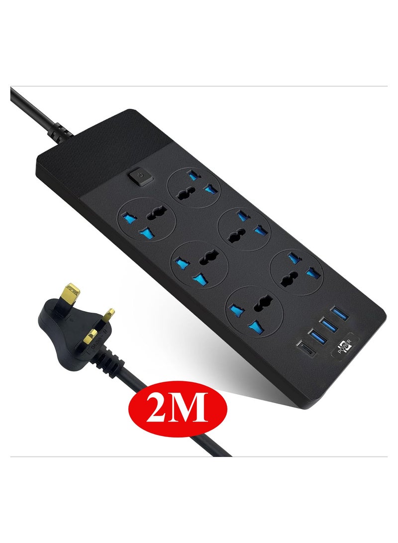 Power Extension Cord with 6 Outlets Universal Plug Adapter with 4 USB Ports - Surge Protector Charging Socket with 2m Length Extension Cord - Image 1