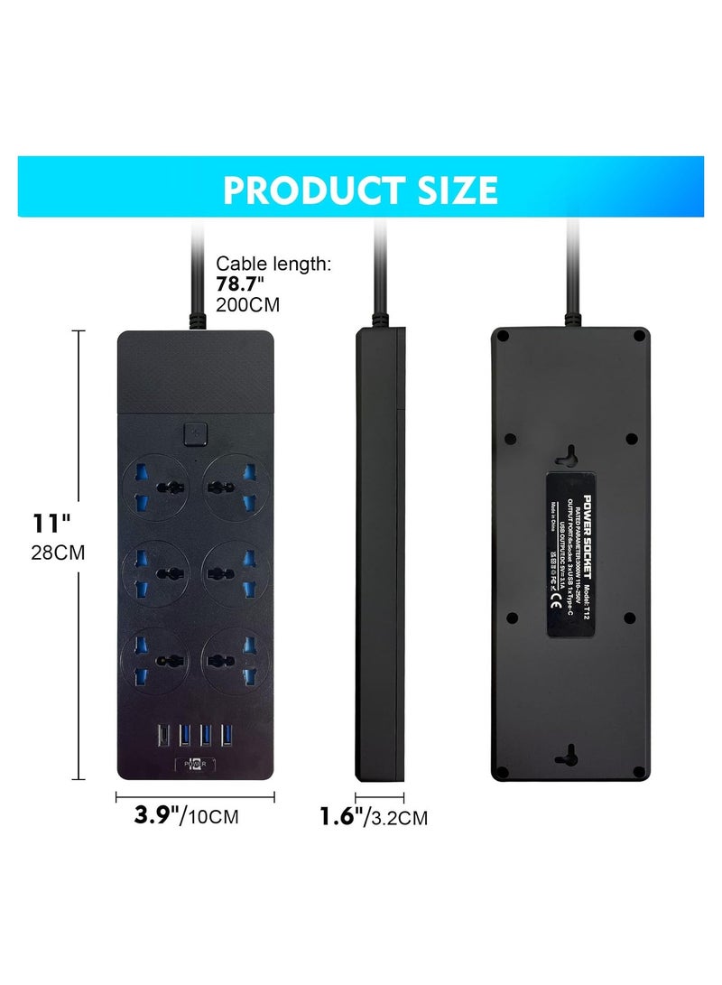 Power Extension Cord with 6 Outlets Universal Plug Adapter with 4 USB Ports - Surge Protector Charging Socket with 2m Length Extension Cord - Image 2