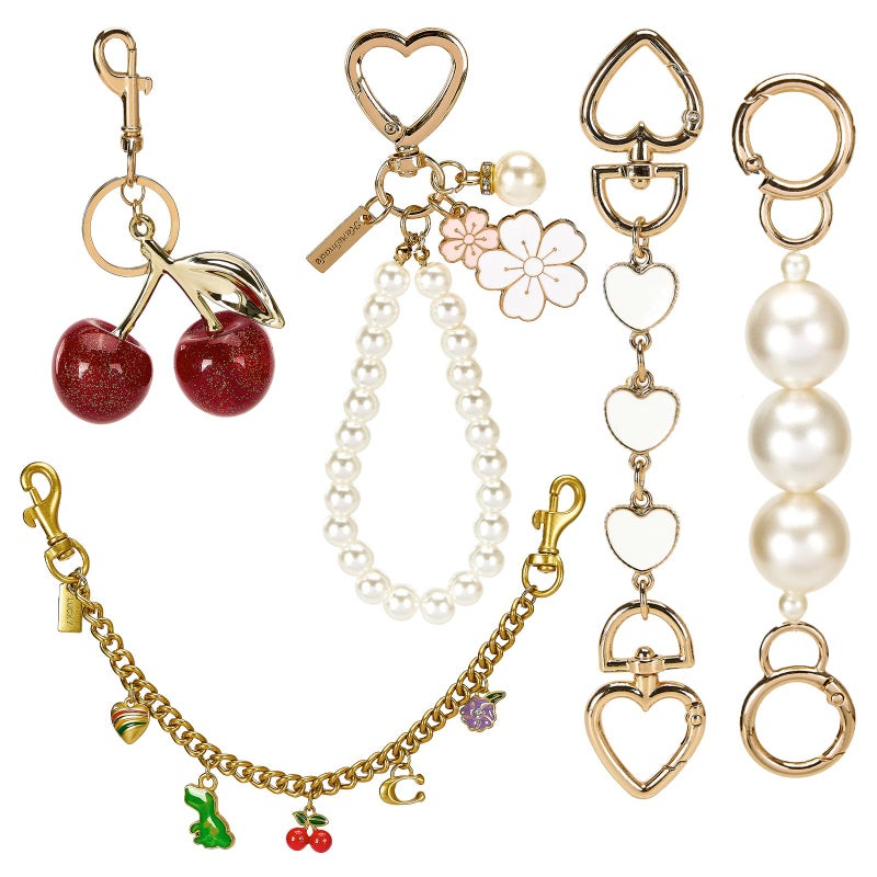 Bafeil Cherry Bag Charm & Purse Extender Chain Set for Women â€“ 5-in-1 Gold Pearl Heart Charms for Handbags, Keychains & Crossbody Bags - Image 1