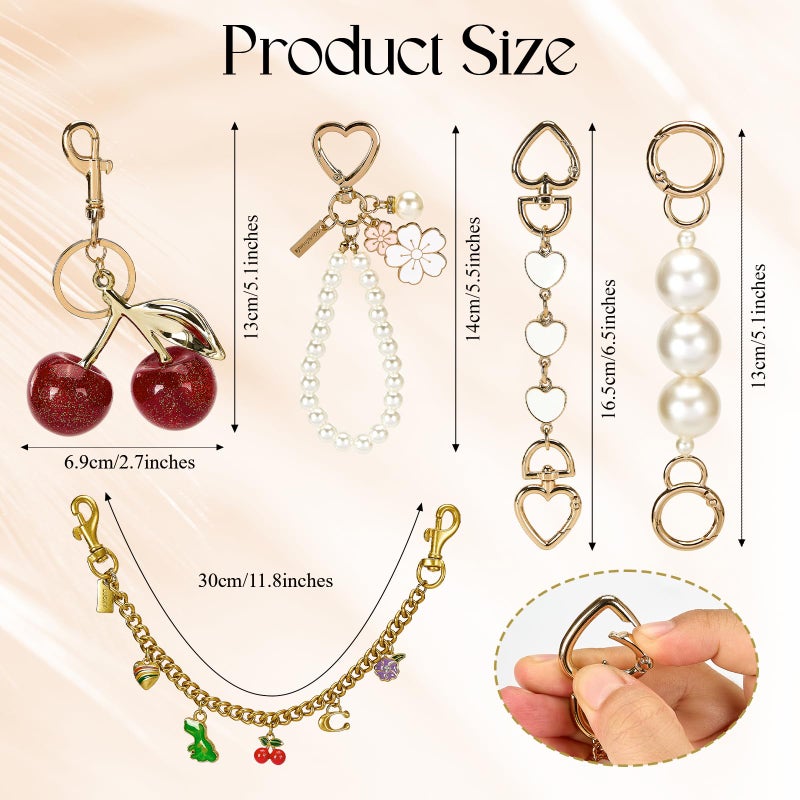 Bafeil Cherry Bag Charm & Purse Extender Chain Set for Women â€“ 5-in-1 Gold Pearl Heart Charms for Handbags, Keychains & Crossbody Bags - Image 2