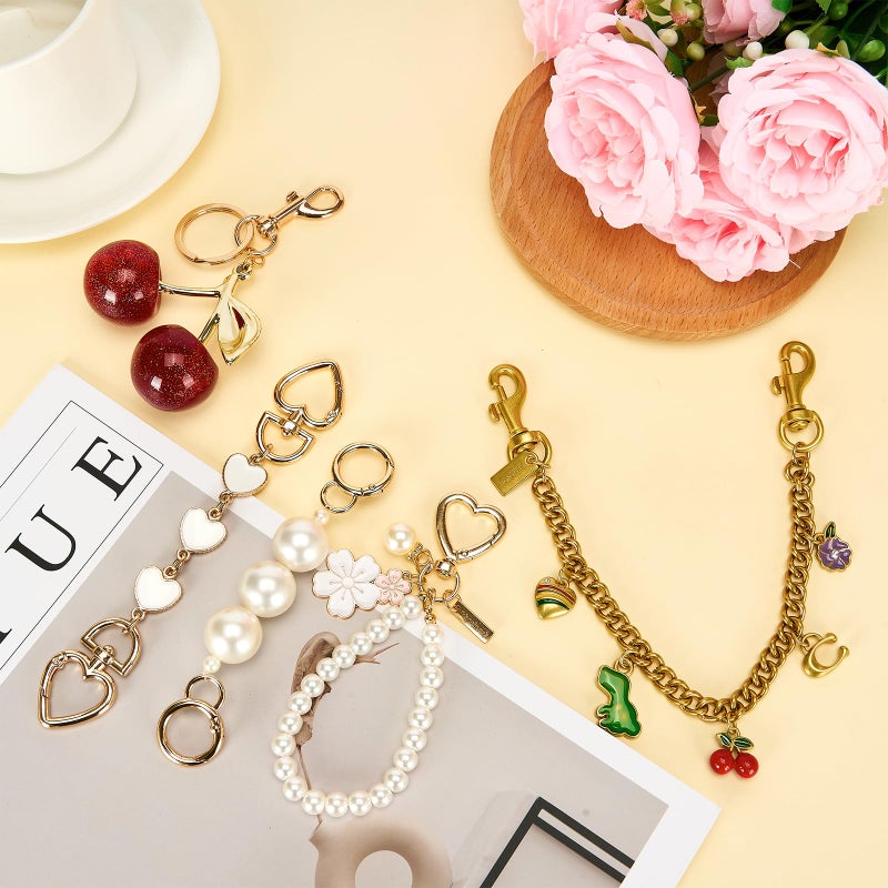Bafeil Cherry Bag Charm & Purse Extender Chain Set for Women â€“ 5-in-1 Gold Pearl Heart Charms for Handbags, Keychains & Crossbody Bags - Image 3