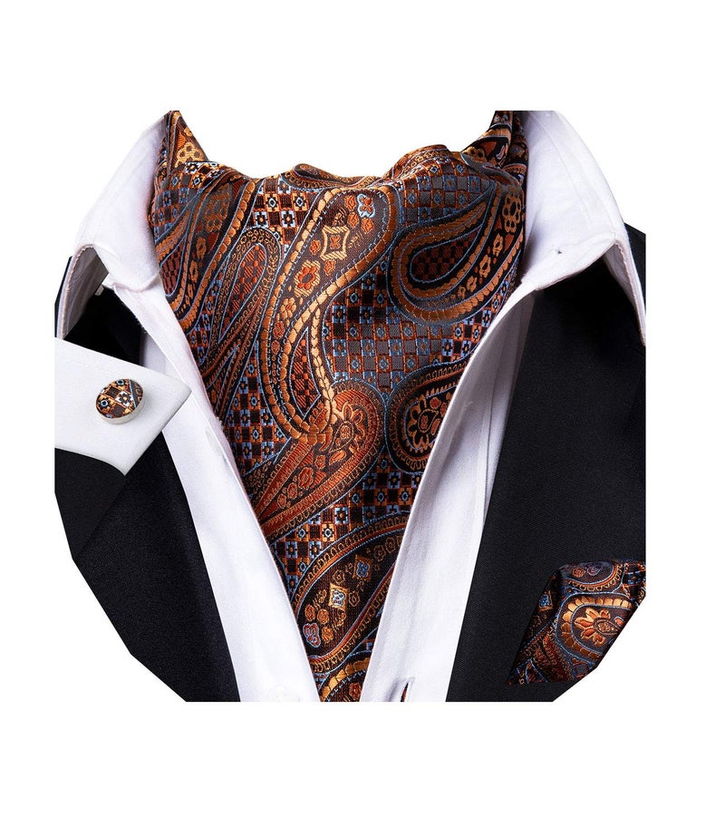 Dubulle Paisley Floral Ascot Tie for Men Self Tie Mens Cravat Tie and Pocket Square Cufflinks Wedding,Bronze - Image 1