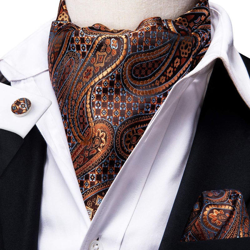 Dubulle Paisley Floral Ascot Tie for Men Self Tie Mens Cravat Tie and Pocket Square Cufflinks Wedding,Bronze - Image 4