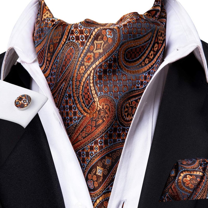Dubulle Paisley Floral Ascot Tie for Men Self Tie Mens Cravat Tie and Pocket Square Cufflinks Wedding,Bronze - Image 2