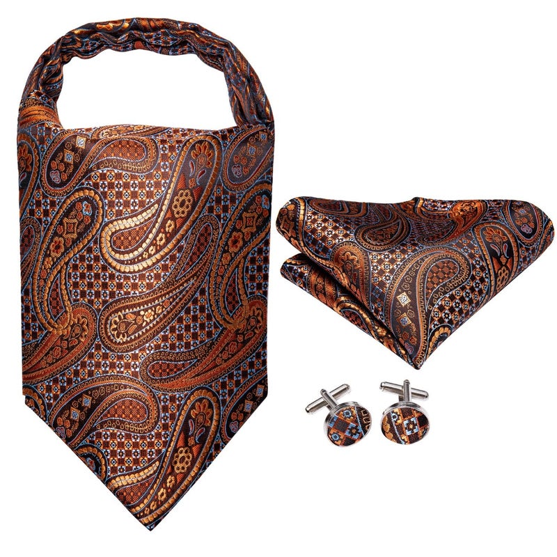 Dubulle Paisley Floral Ascot Tie for Men Self Tie Mens Cravat Tie and Pocket Square Cufflinks Wedding,Bronze - Image 5