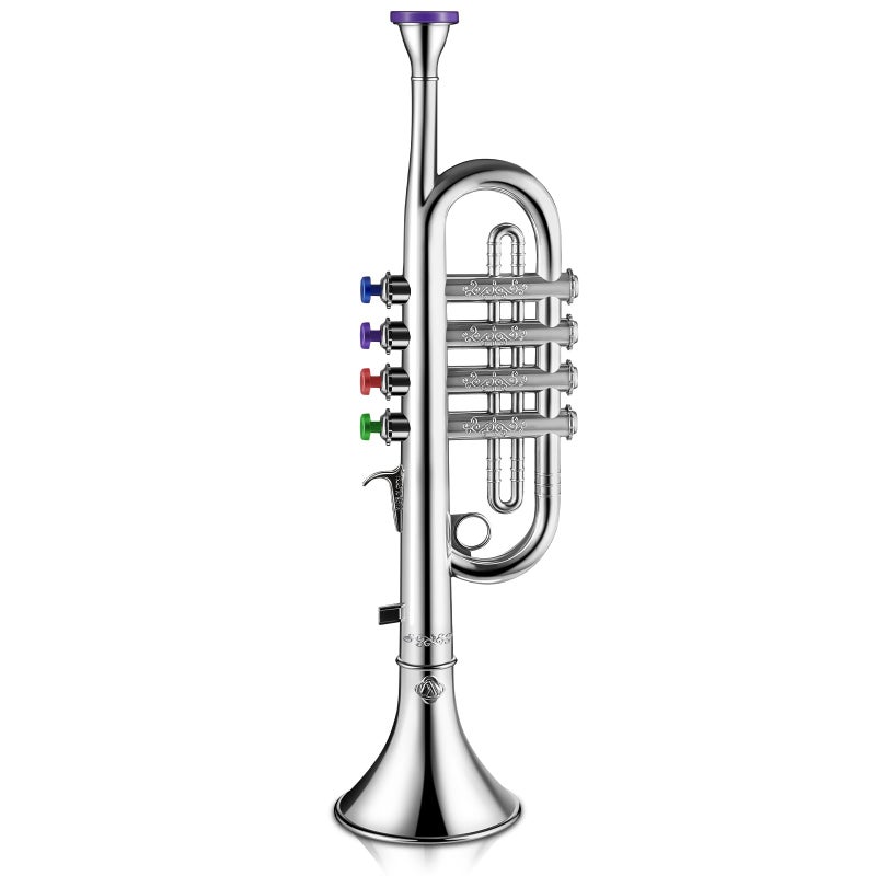 Lewtemi Silver Trumpet Musical Instruments Toy for Kid Toddler Fake Plastic Preschool Music Toy Gift Portable Wind Instrument Early Educational Teaching Songs Gifts for Toddlers Children - Image 2