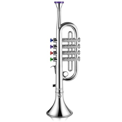Lewtemi Silver Trumpet Musical Instruments Toy for Kid Toddler Fake Plastic Preschool Music Toy Gift Portable Wind Instrument Early Educational Teaching Songs Gifts for Toddlers Children - Image 1