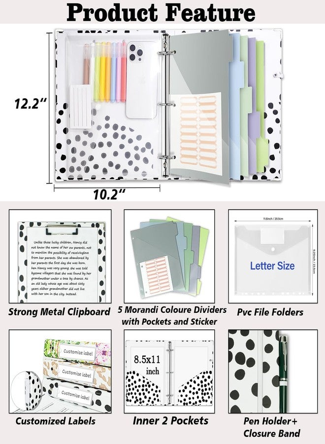 BVSSX 3 Ring Binder Organizer, 1 Inch Three Ring Binders with Clipboard, 5-Tabs Pockets Dividers, Transparent Plastic Folder, Pen Loop, 18 Divider Stikers, Decorative Binder, Polka Dot, Letter Size - Image 2