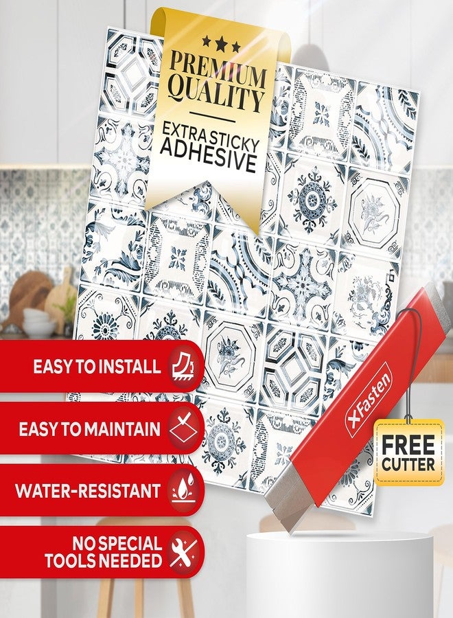 إكس فاستين بلاط حائط من XFasten بتصميم مربع قابل للتقشير واللصق للمطبخ، 10 قطع، مقاس 12 بوصة × 12 بوصة + قاطع، بلاط حائط بتصميم متوسطي، بلاط حائط قابل للتقشير واللصق، بلاط حائط لاصق للمطبخ والحمام - Image 2
